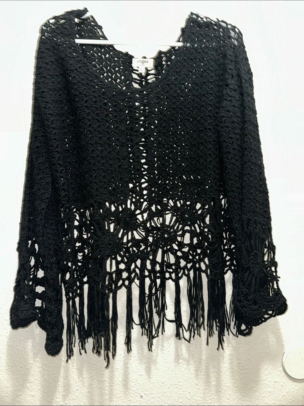 Umgee Black Crochet Fringe Poncho Sweater - Picture 3 of 5